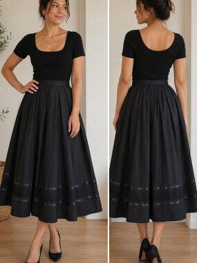 Vintage Black Full Midi Skirt Pleated Satin Trim Germany Rockabilly 4 6
